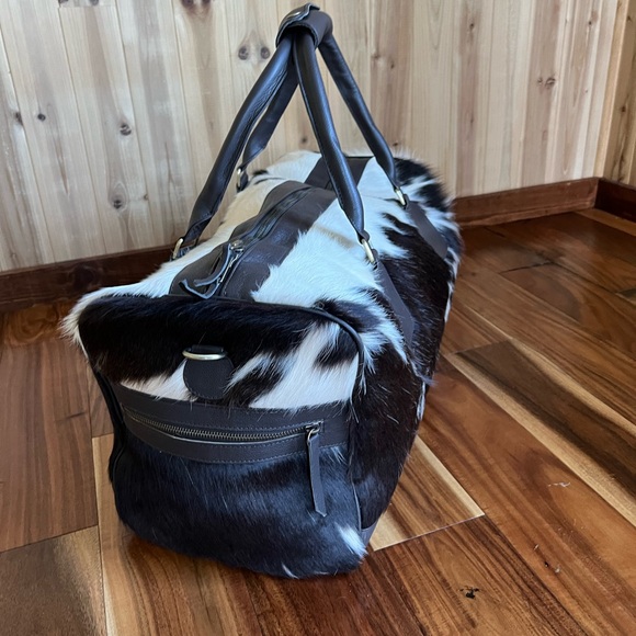 🎁Genuine🔥chocolate Brown White Leather Cowhide Duffel Bag Weekender Travel - Picture 5 of 12